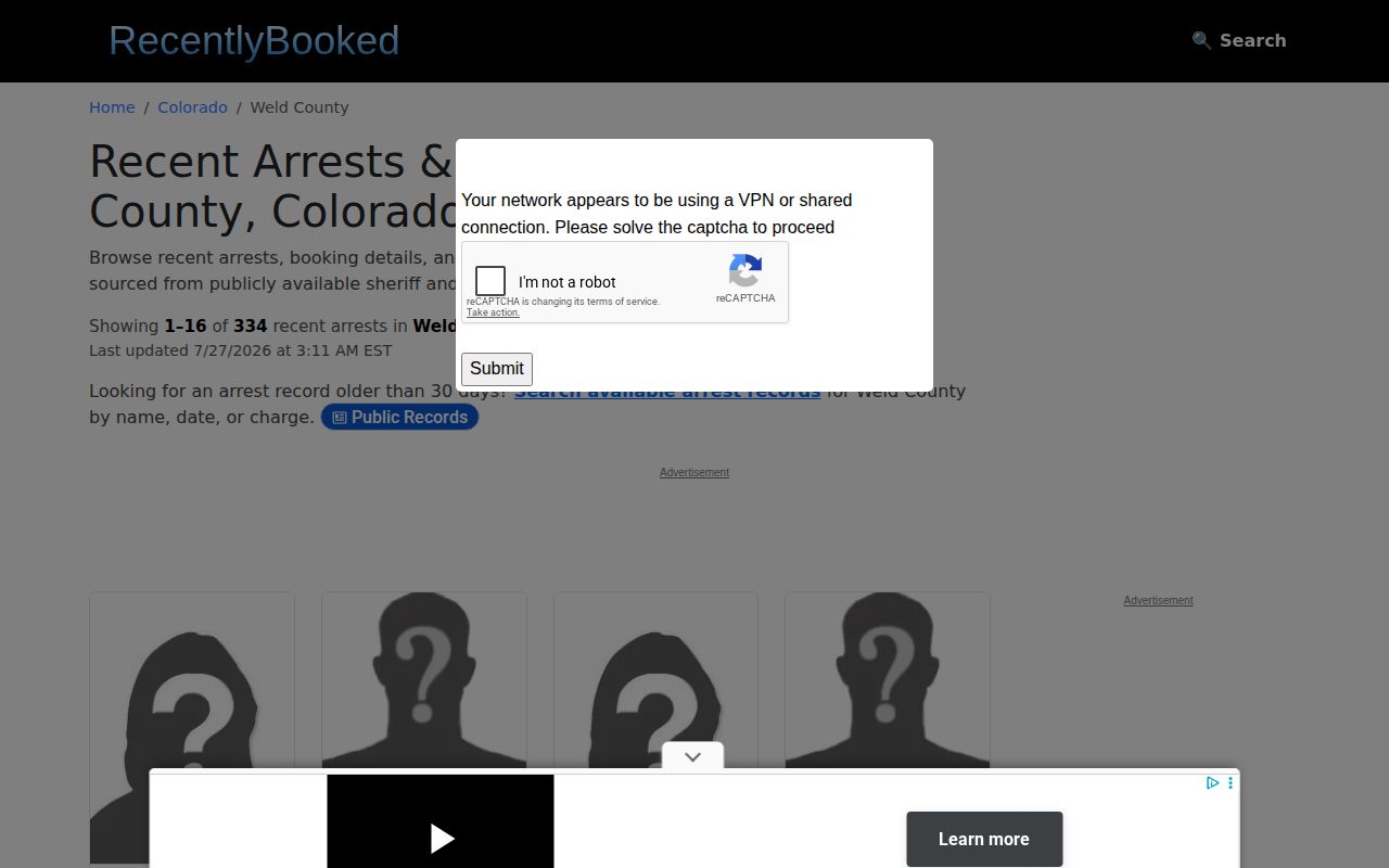 Unofficial Weld County booking record publisher section