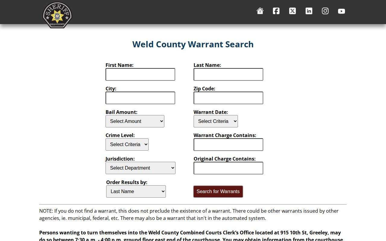 Weld County warrant record search form and filters