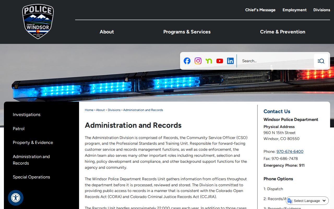 Windsor Police Department records request page for Weld and Larimer area arrests